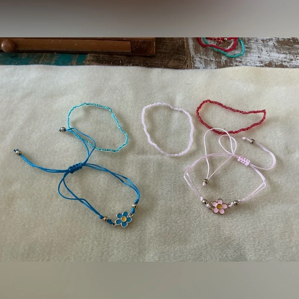 Colorful Flower Charm Bracelets Set, 5 bracelets